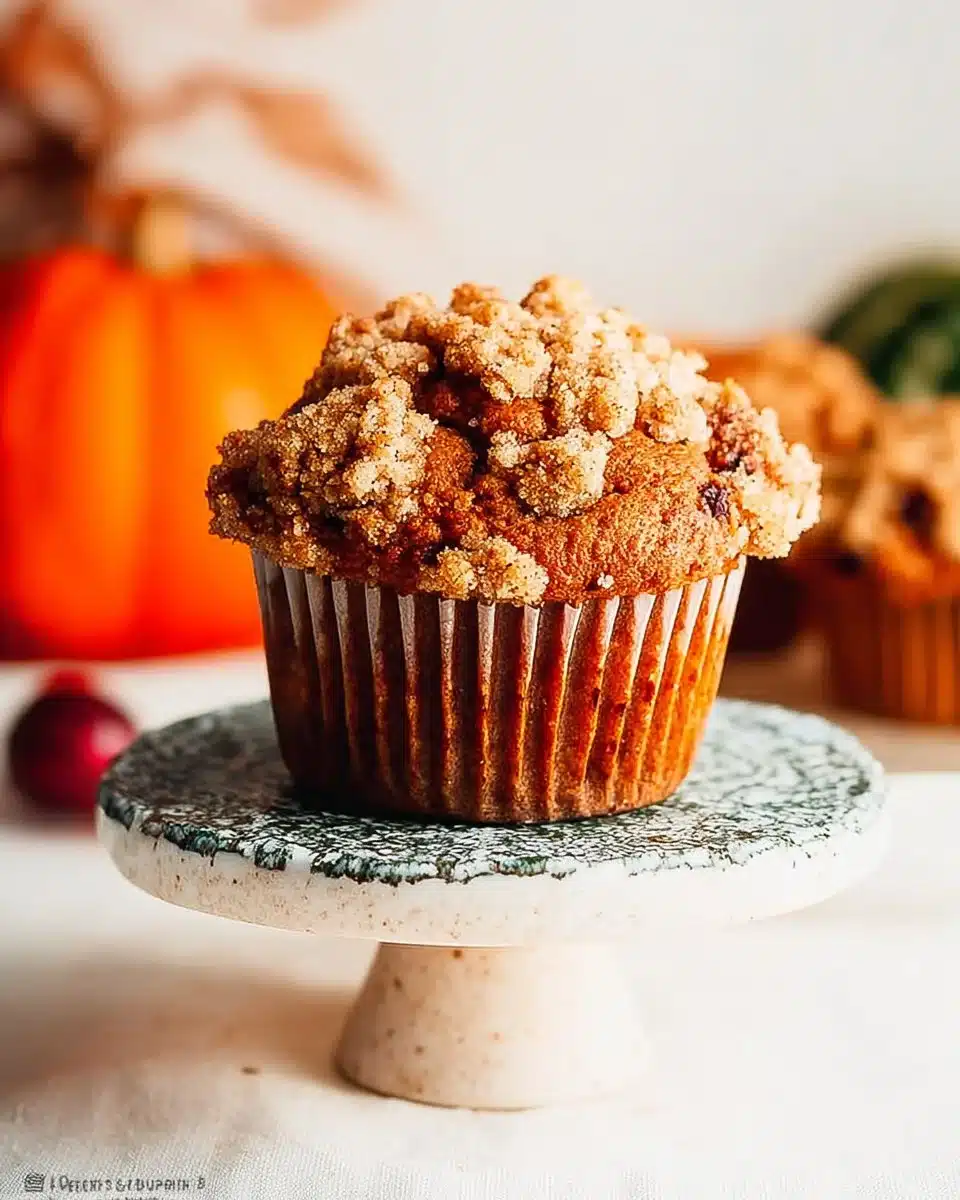 Freshly baked apple pumpkin streusel muffins on a wooden table