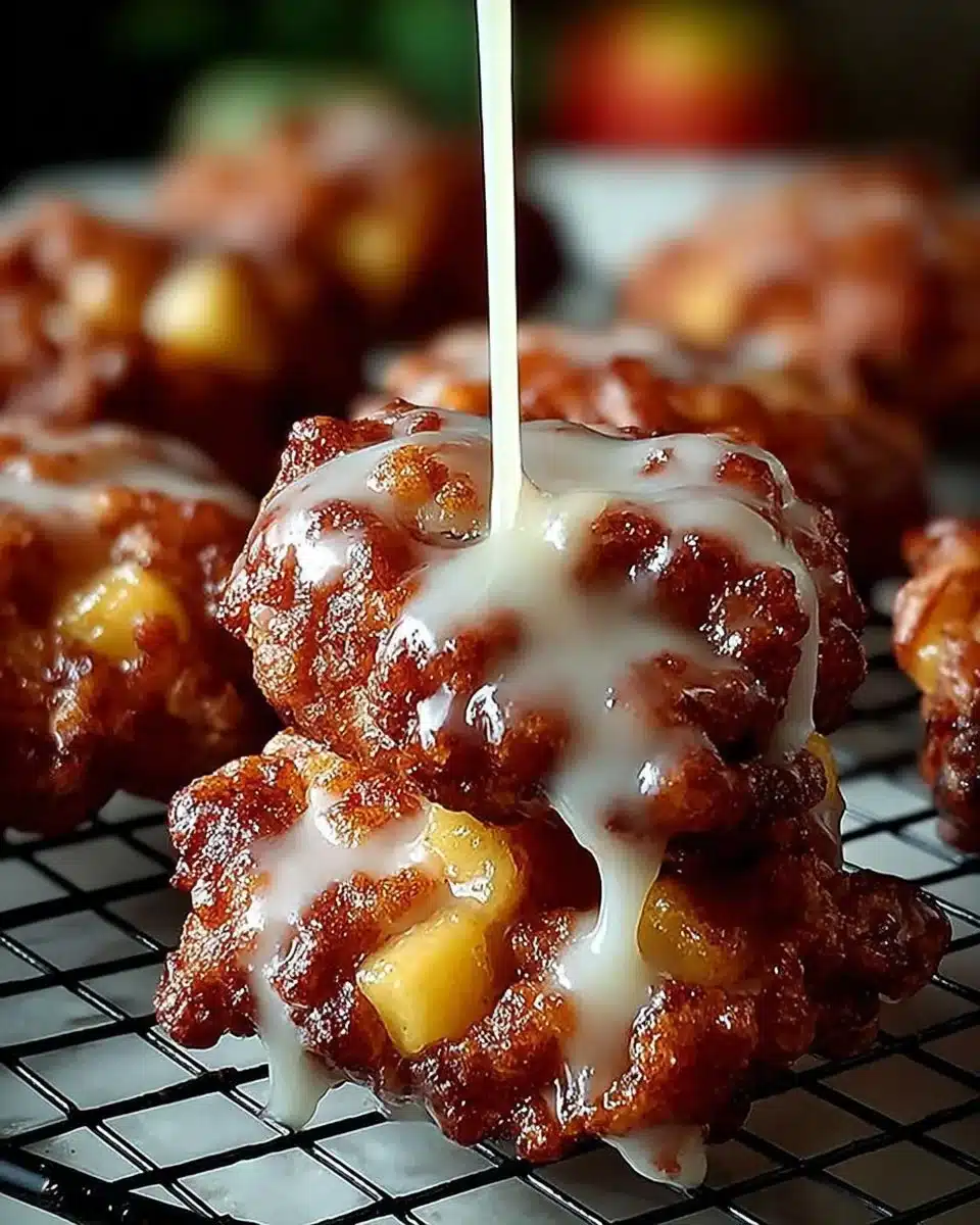 Delicious baked apple fritters topped with cinnamon and sugar.