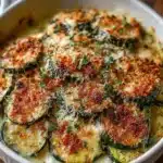 Baked Zucchini Parmesan Casserole fresh out of the oven with melted cheese on top