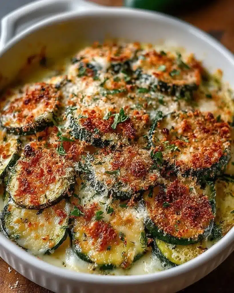 Baked Zucchini Parmesan Casserole fresh out of the oven with melted cheese on top