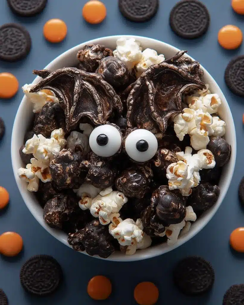 Bat Wing Popcorn in a Halloween-themed bowl