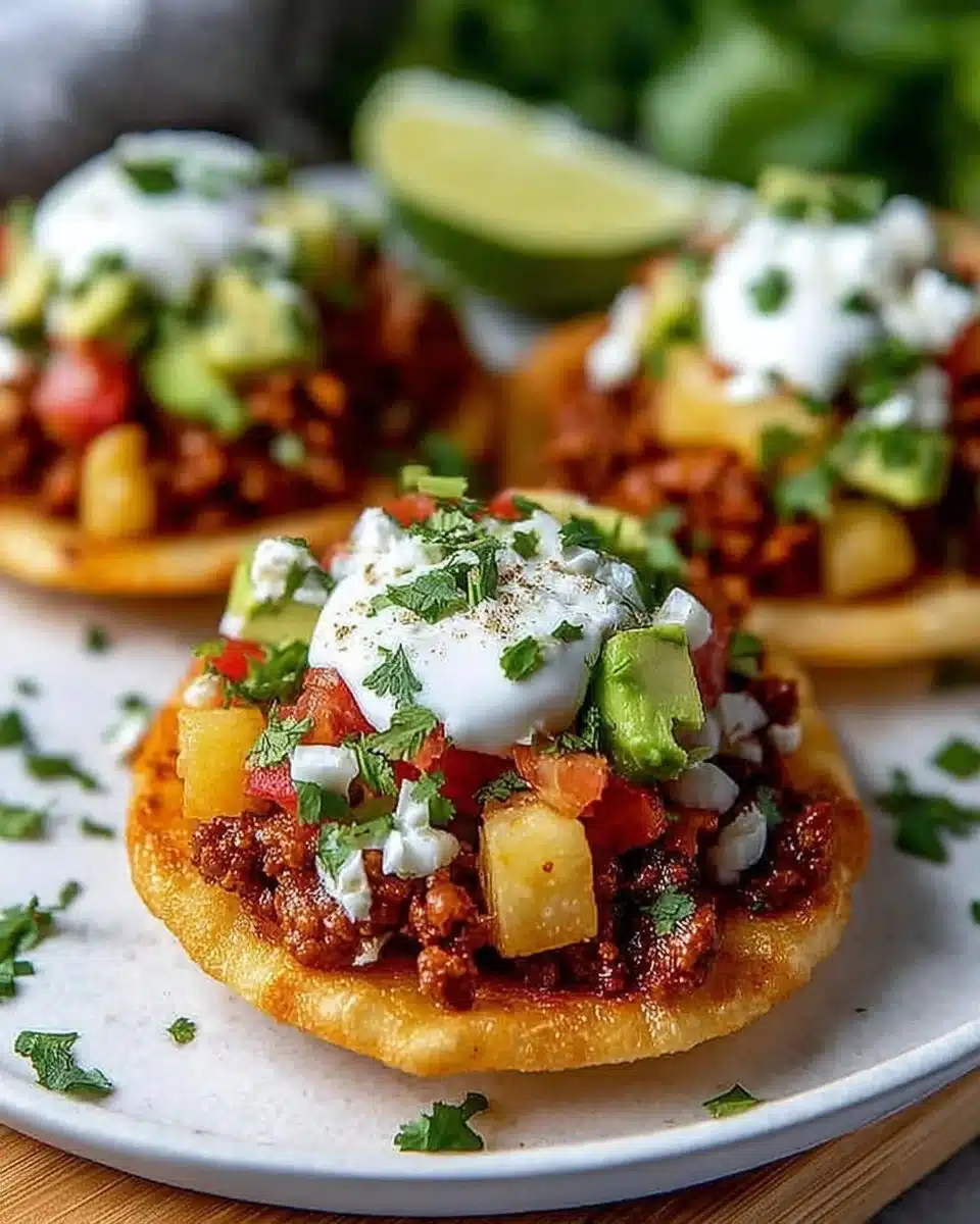 Delicious Mexican sopes topped with chorizo and fresh ingredients.