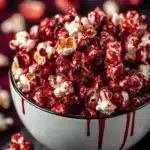 Bloody Red Velvet Popcorn in a bowl, a delicious snack for movie nights.