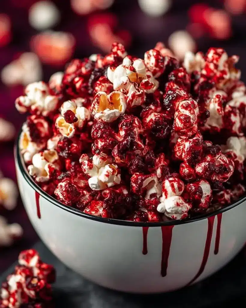 Bloody Red Velvet Popcorn in a bowl, a delicious snack for movie nights.