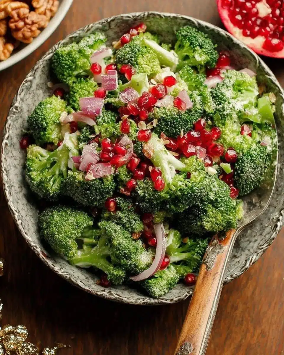Colorful Broccoli Pomegranate Salad topped with fresh ingredients.
