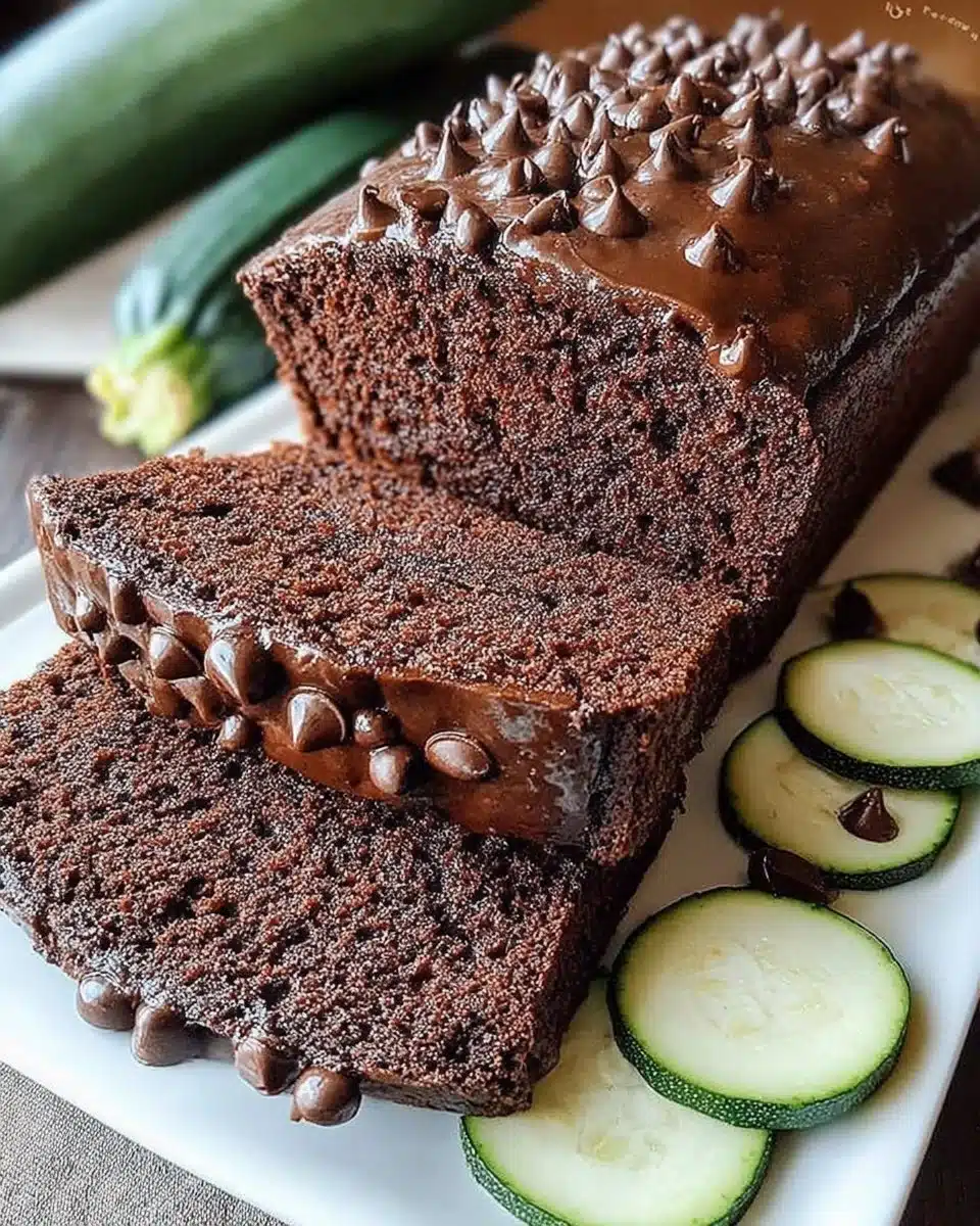 Slice of double chocolate zucchini bread made from cake mix with chocolate chips
