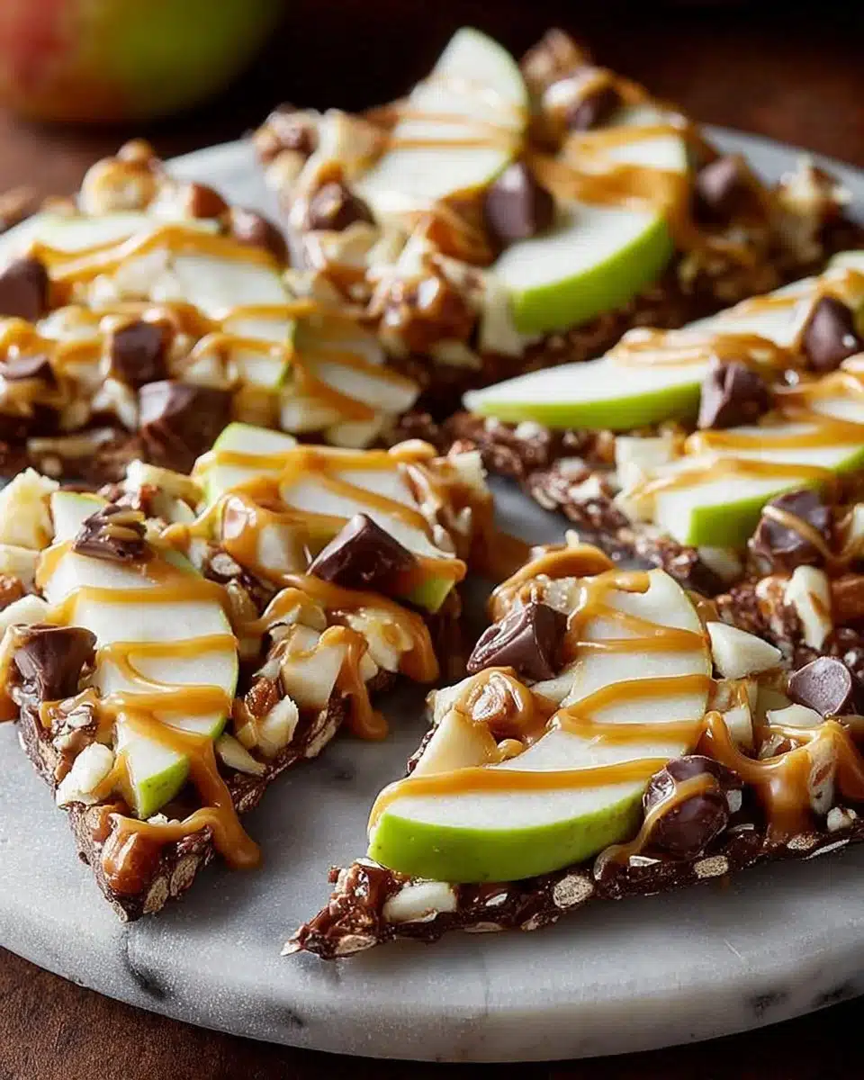 Delicious homemade Caramel Apple Bark with chocolate and apple pieces