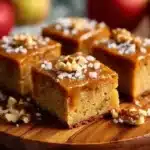 Delicious caramel apple blondies topped with caramel sauce and apple slices
