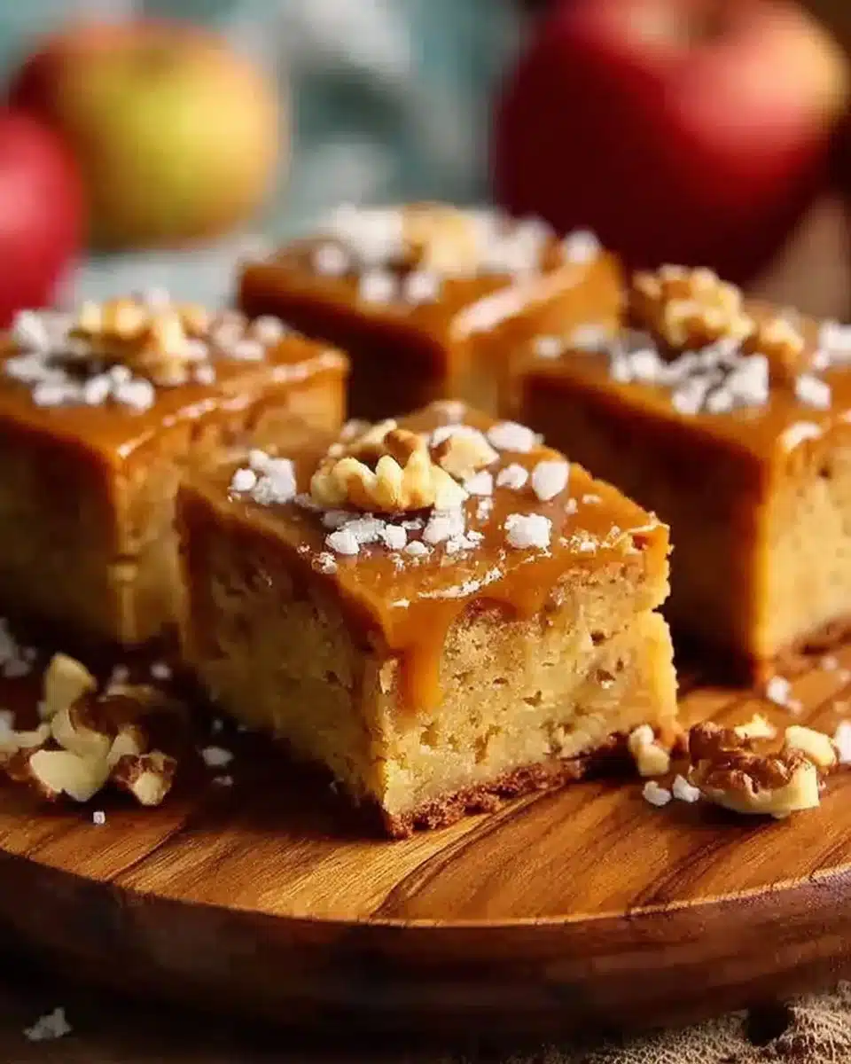 Delicious caramel apple blondies topped with caramel sauce and apple slices