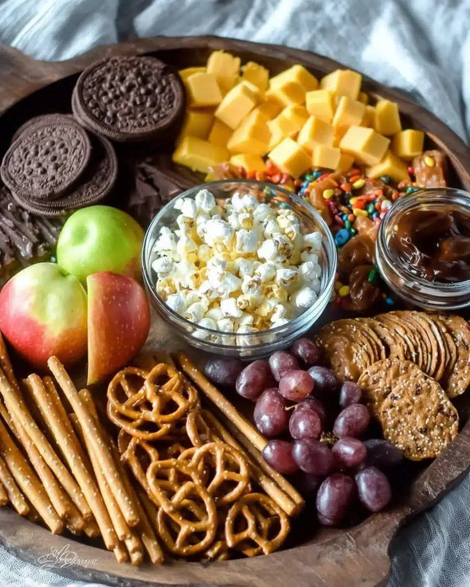 A beautifully arranged caramel apple charcuterie board with various toppings.