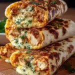 Cheesy garlic chicken wraps on a plate, garnished with fresh herbs.