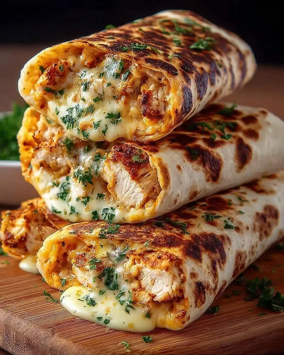 Cheesy garlic chicken wraps on a plate, garnished with fresh herbs.