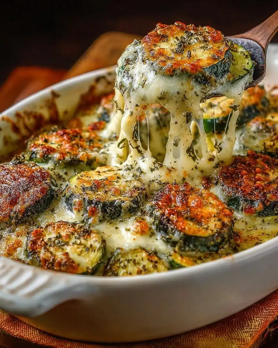 Cheesy zucchini bake served in a baking dish, garnished with herbs.