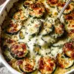 Cheesy zucchini gratin topped with melted cheese and breadcrumbs