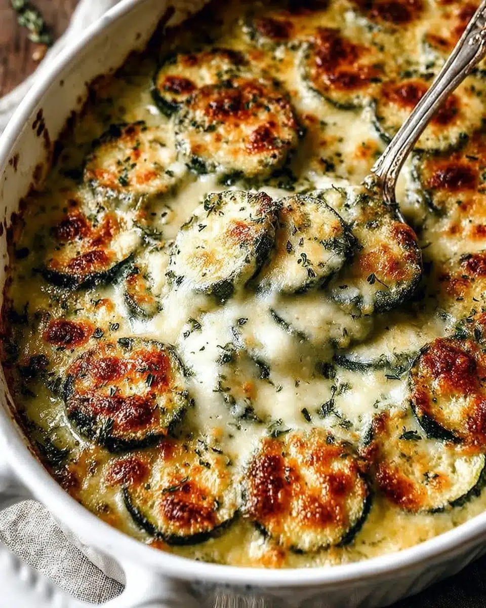 Cheesy zucchini gratin topped with melted cheese and breadcrumbs