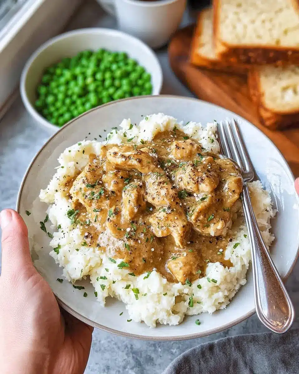 Chicken and gravy served over mashed potatoes in a delicious, comforting meal.
