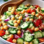 Chickpea cucumber salad with fresh vegetables in a bowl