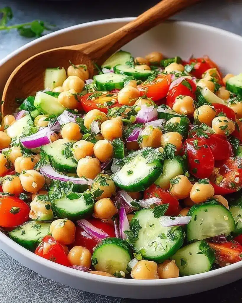 Chickpea cucumber salad with fresh vegetables in a bowl