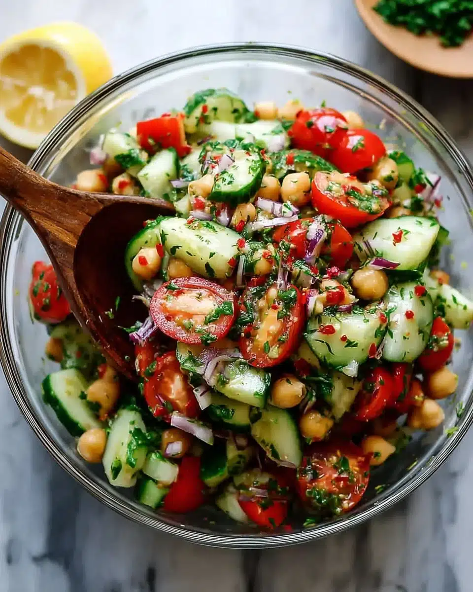 Fresh chickpea cucumber salad with vibrant vegetables and herbs