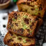 Loaf of homemade chocolate chip zucchini bread garnished with chocolate chips