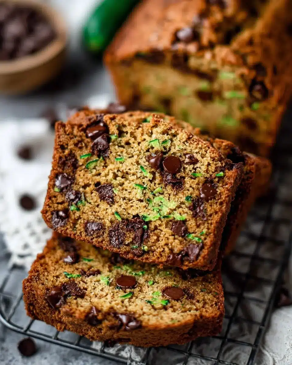 Loaf of homemade chocolate chip zucchini bread garnished with chocolate chips