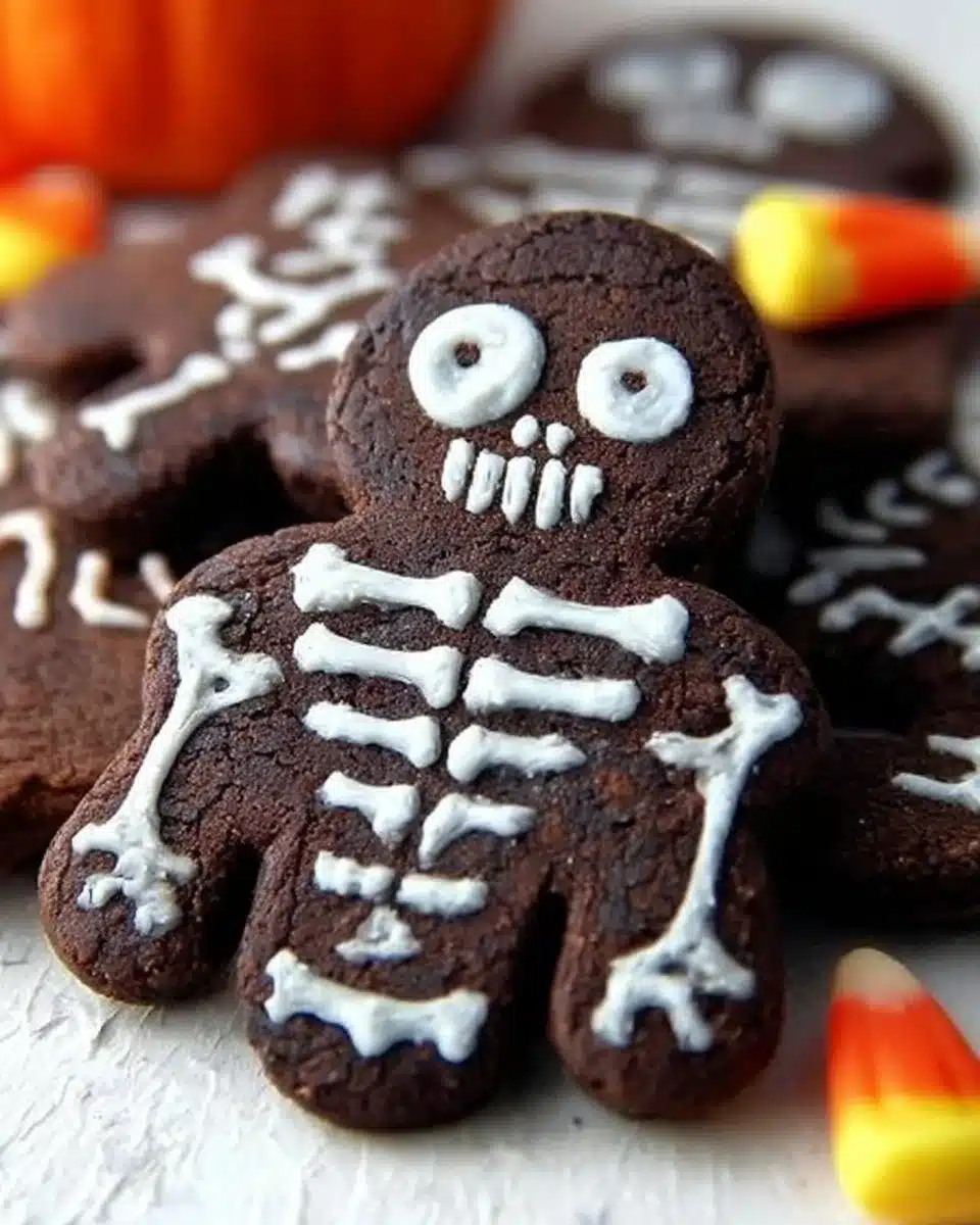 Chocolate Skeleton Cookies decorated for Halloween celebration