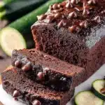 Sliced chocolate zucchini bread with chocolate chips and zucchini pieces