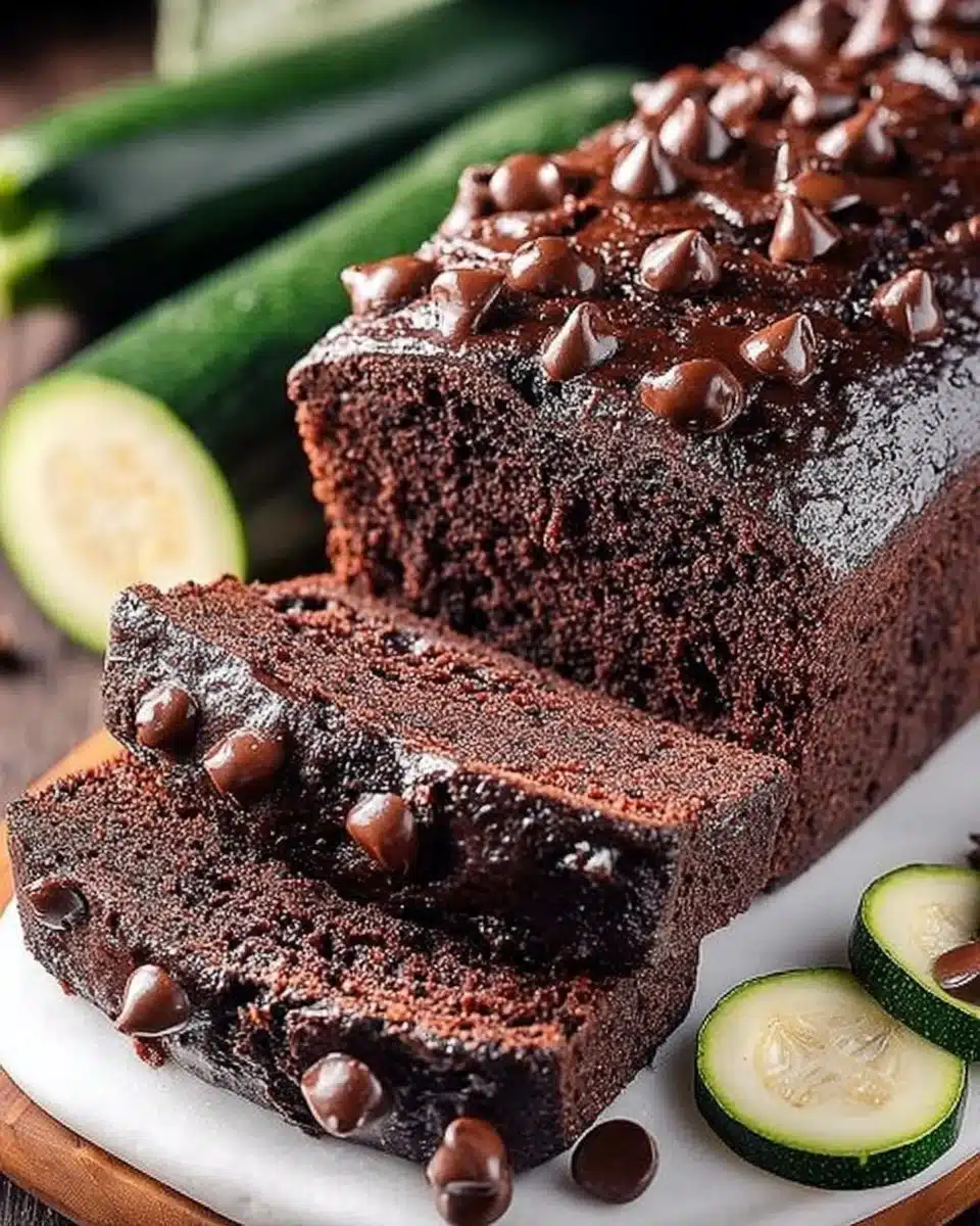 Sliced chocolate zucchini bread with chocolate chips and zucchini pieces