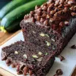 Loaf of chocolate zucchini bread sliced on a wooden board