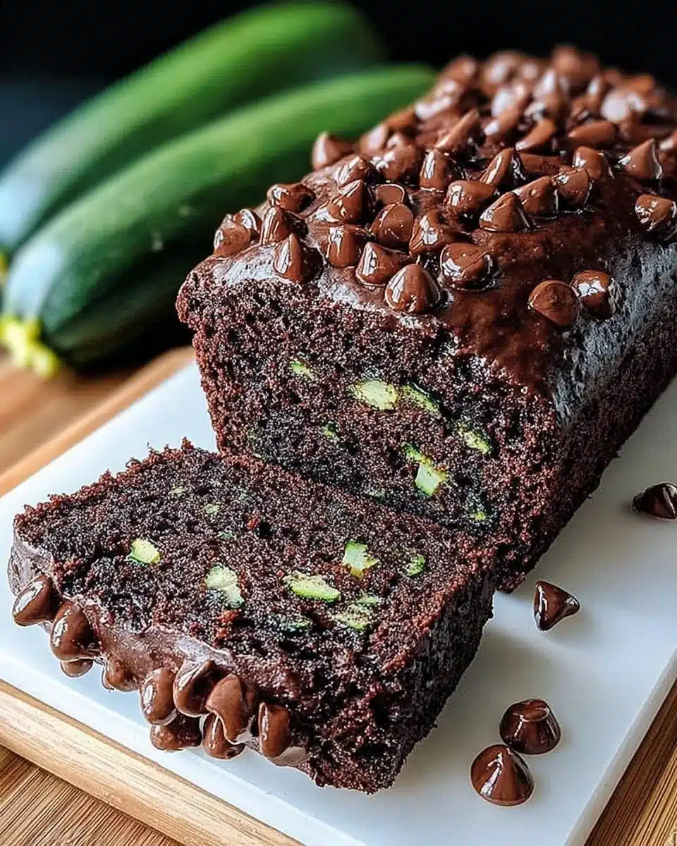 Loaf of chocolate zucchini bread sliced on a wooden board