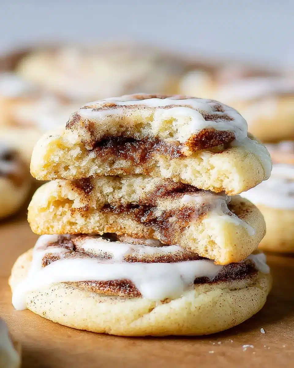 Freshly baked cinnamon roll cookies with frosting on a plate