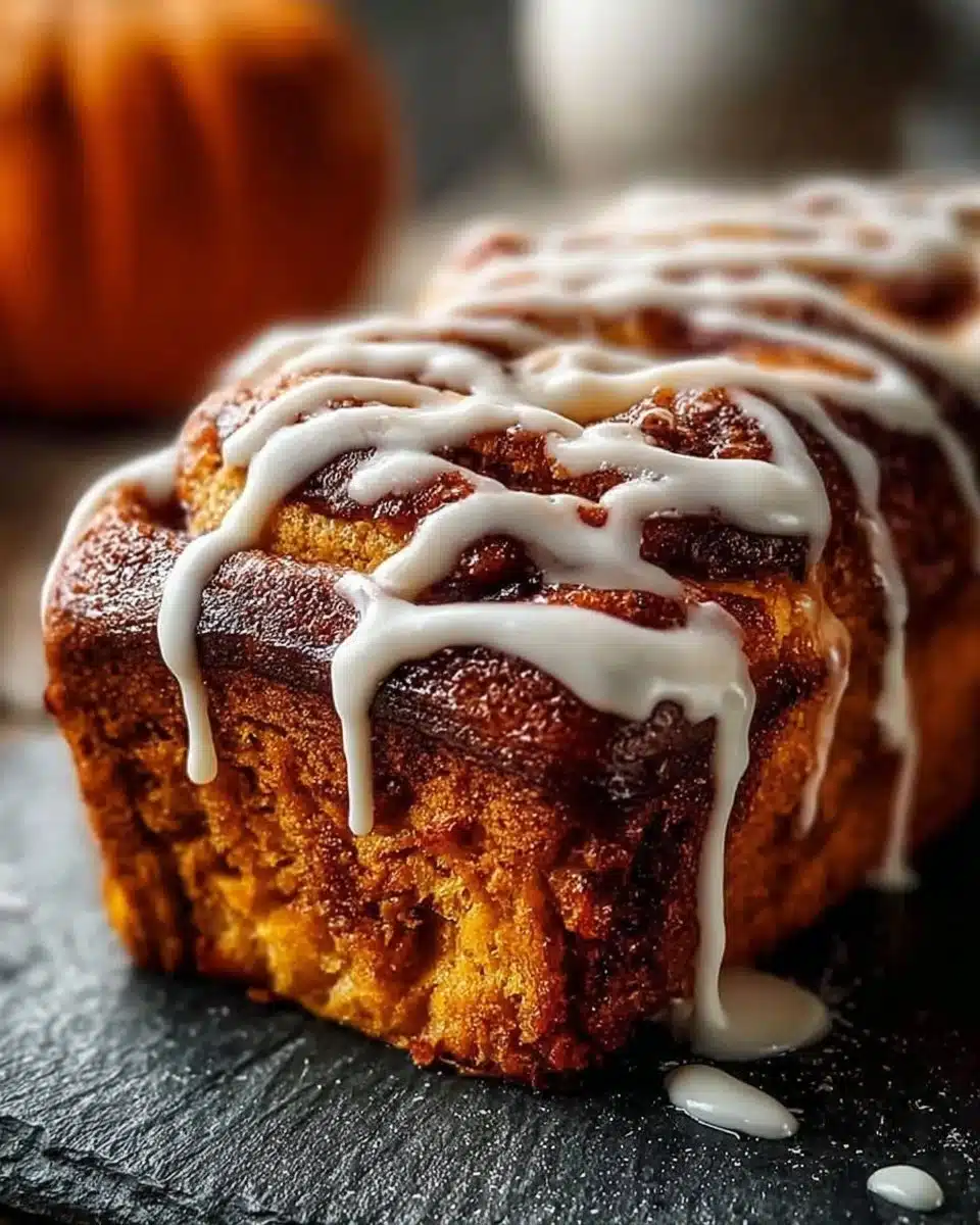 Delicious cinnamon roll pumpkin bread with a creamy glaze on top