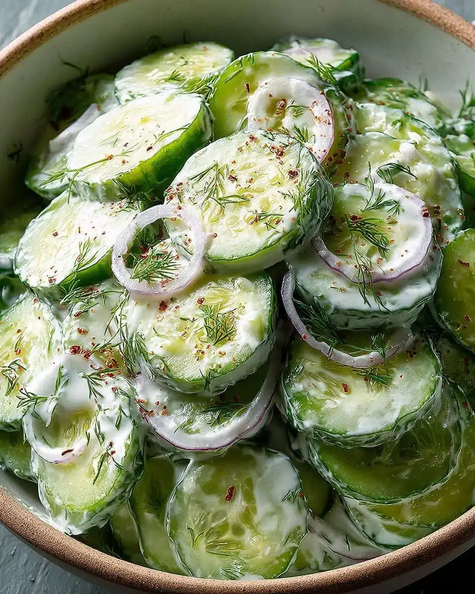 Creamy cucumber salad with fresh ingredients in a bowl