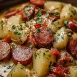 Creamy smoked sausage and potato dinner cooked in a crockpot