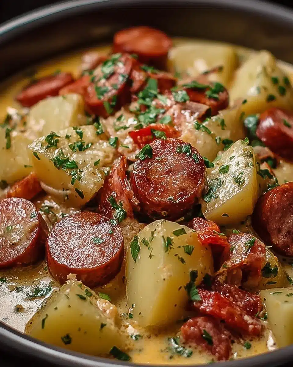 Creamy smoked sausage and potato dinner cooked in a crockpot