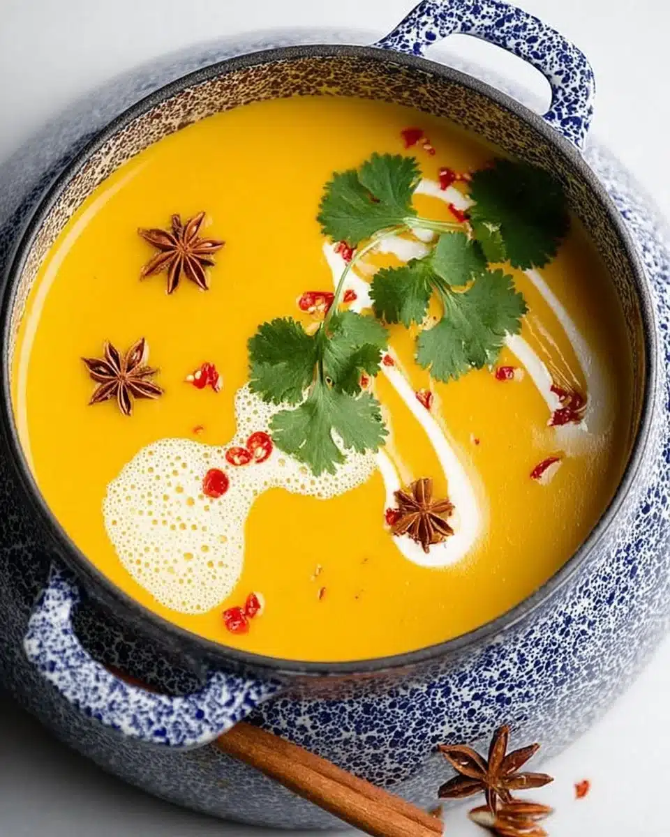 Bowl of creamy spiced carrot soup garnished with herbs