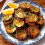 Crispy Parmesan Zucchini Bites arranged on a wooden platter.