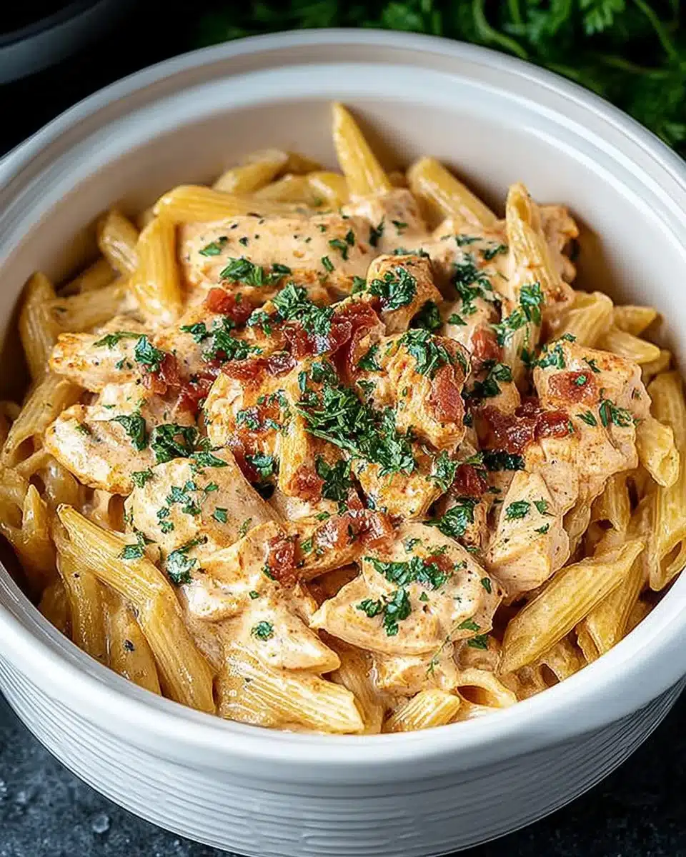 Creamy Cajun Chicken Pasta cooked in a crock pot, served with herbs