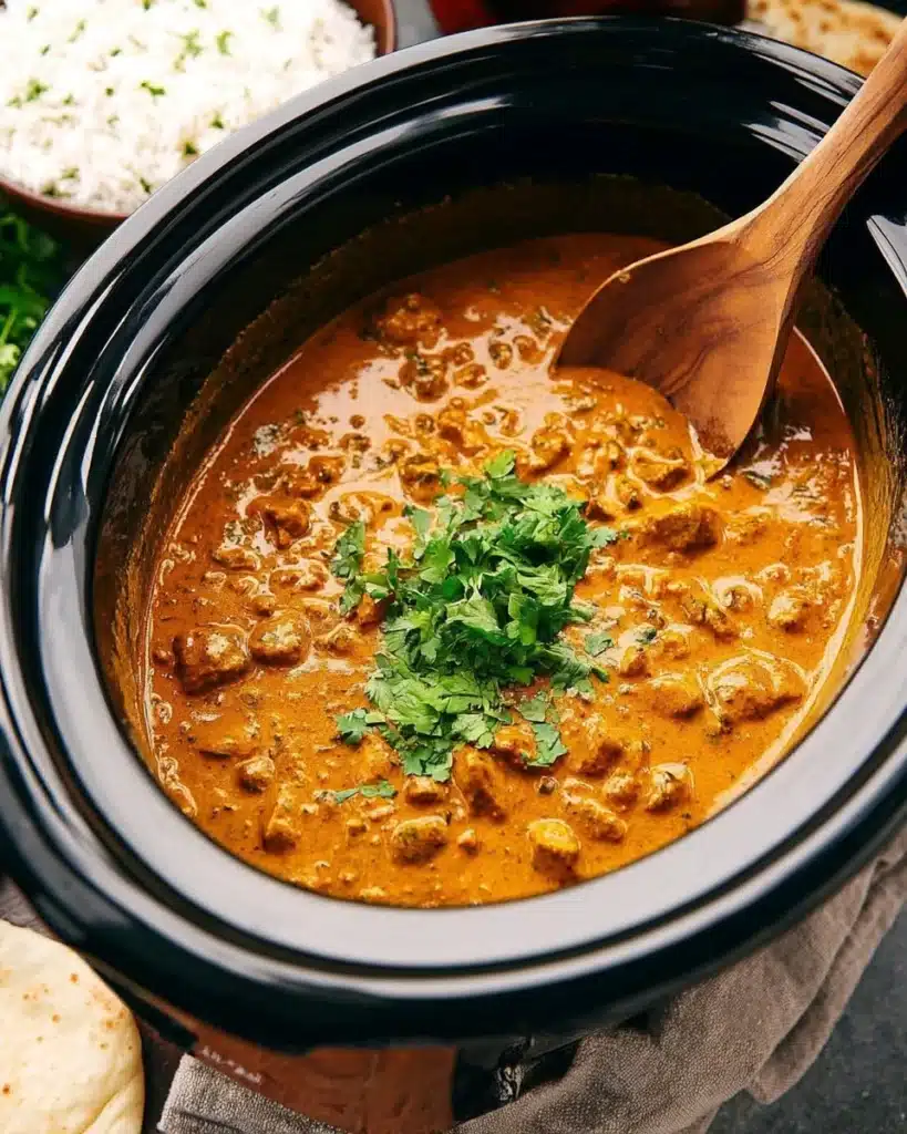 Delicious Crockpot Butter Chicken served with rice and garnished with cilantro.