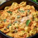 CrockPot Chicken Tortellini in a bowl with herbs and cheese