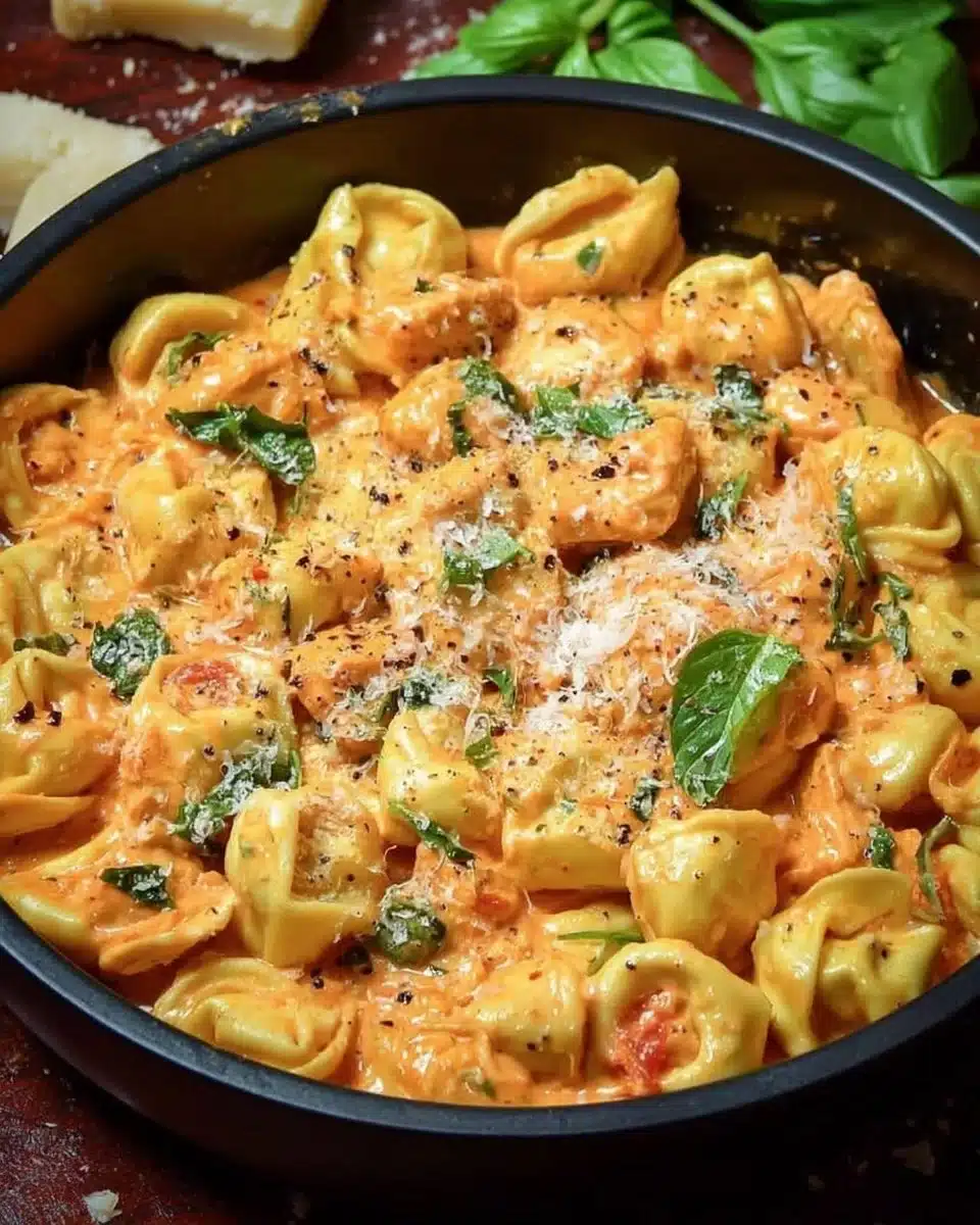 CrockPot Chicken Tortellini in a bowl with herbs and cheese