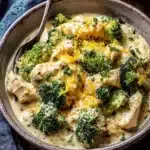 Crockpot creamy broccoli cheddar chicken dish served in a bowl