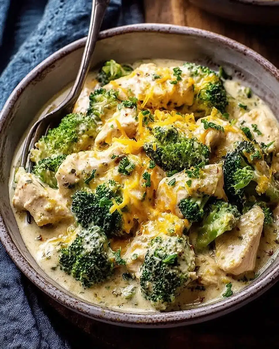 Crockpot creamy broccoli cheddar chicken dish served in a bowl