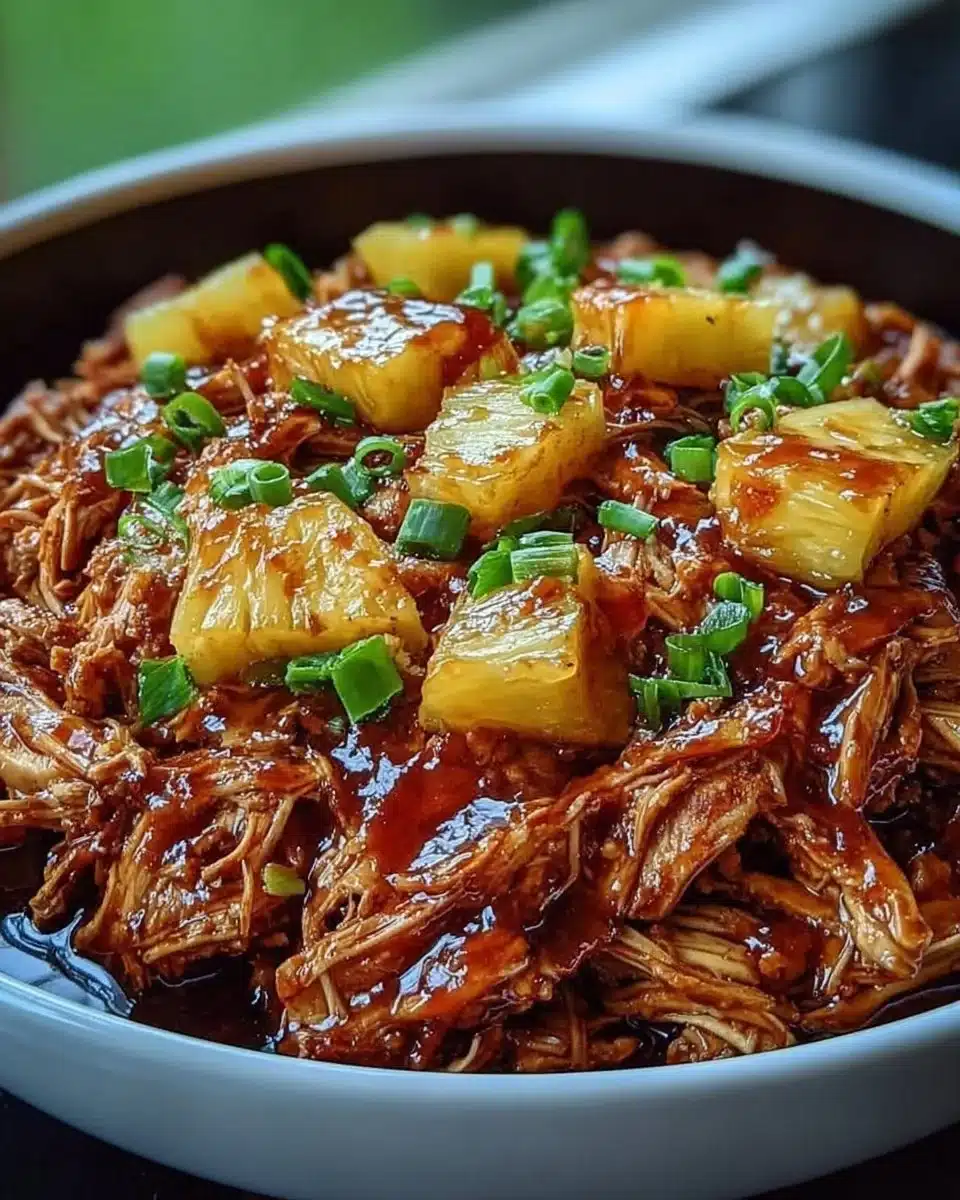 Crockpot Pineapple BBQ Chicken served on a plate with fresh herbs