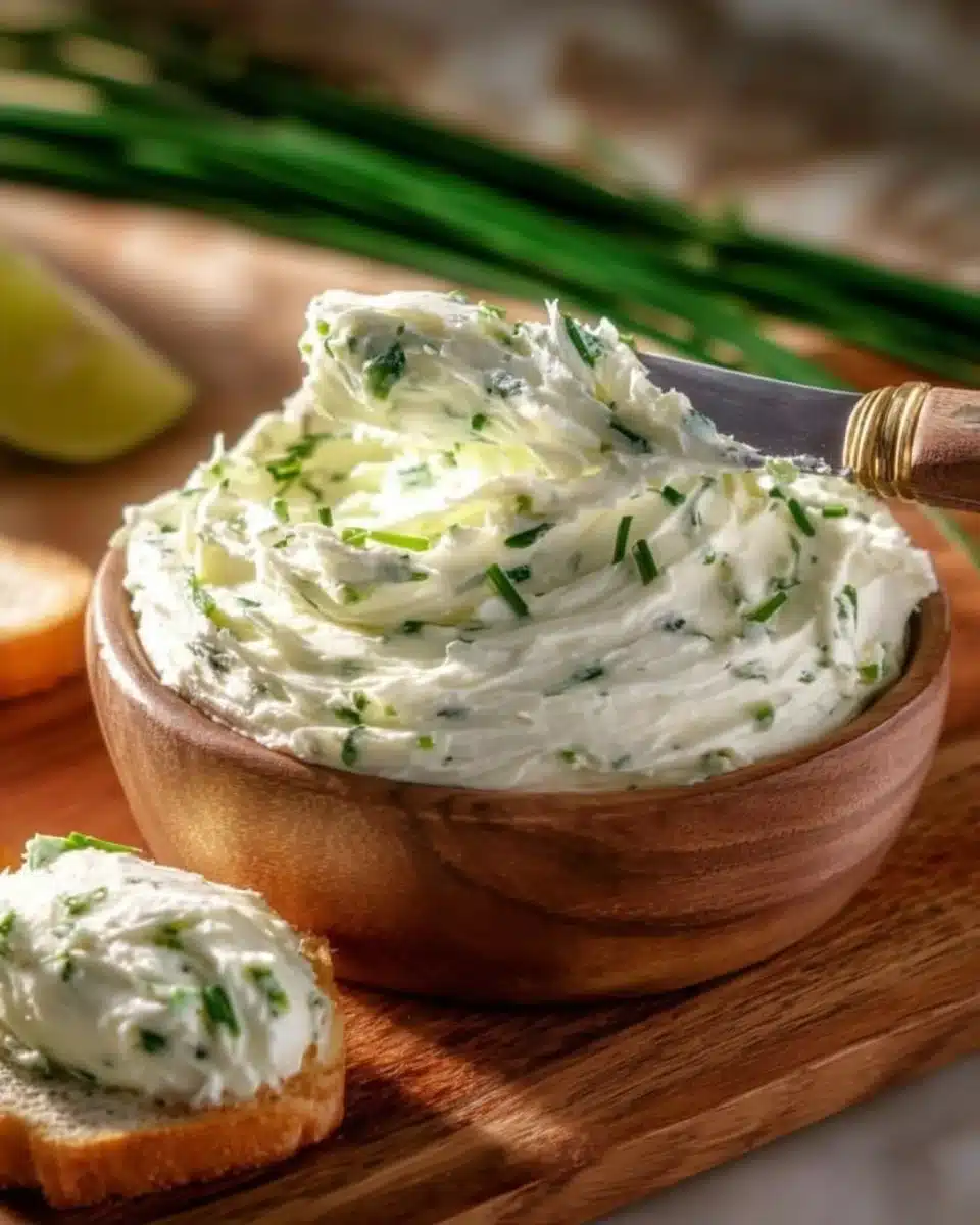 Cucumber cream cheese spread on a cracker with fresh herbs