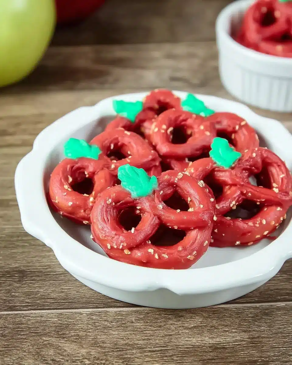 Cute apple pretzel treats decorated with caramel and sprinkles.