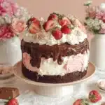Delicious Neapolitan Cake with layers of chocolate, vanilla, and strawberry frosting