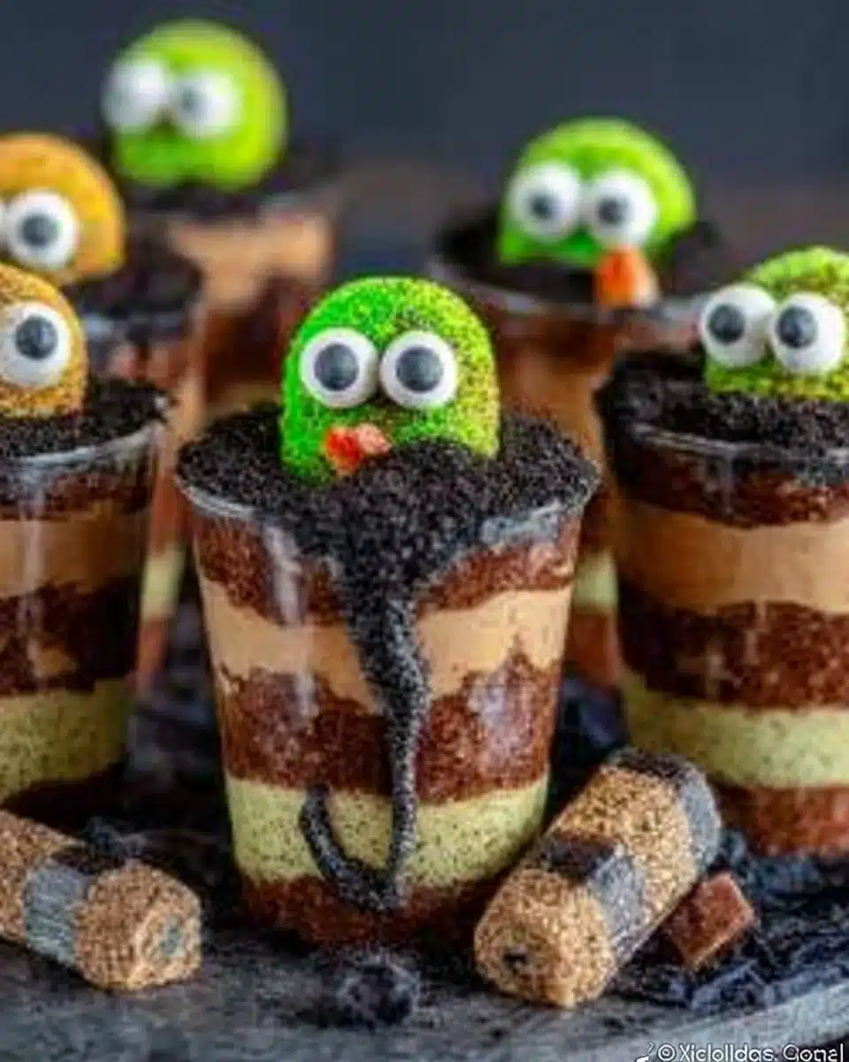 Delicious Dirt Pudding Cups served in clear cups with gummy worms and crushed cookies
