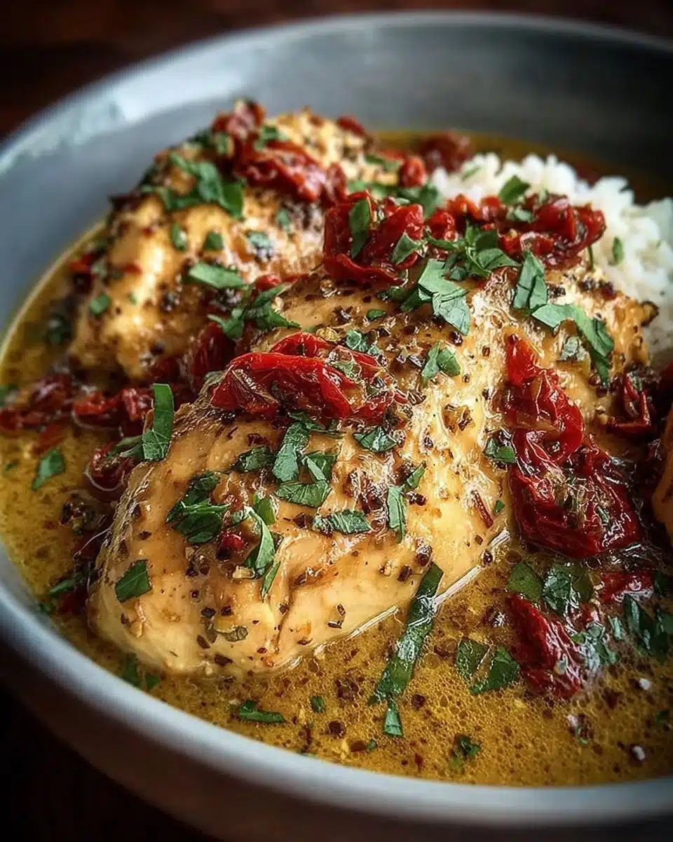 Delicious Marry Me Chicken cooked in a crockpot, served with parsley garnish
