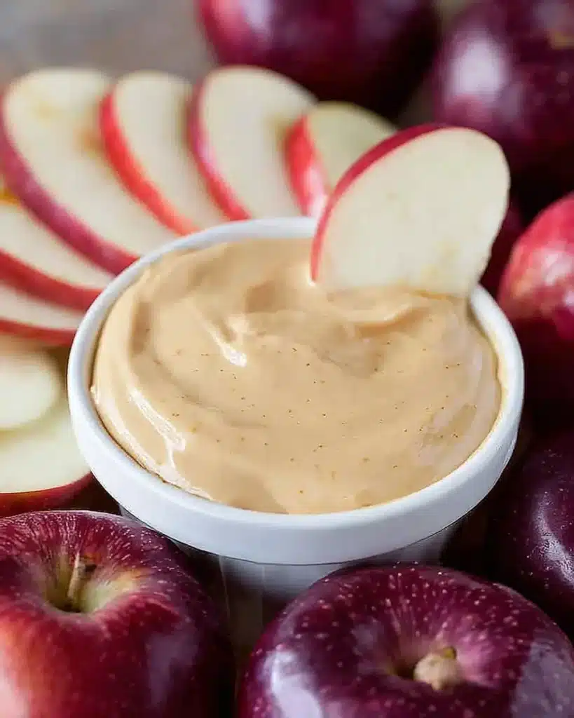 Delicious easy caramel apple dip served with fresh apple slices